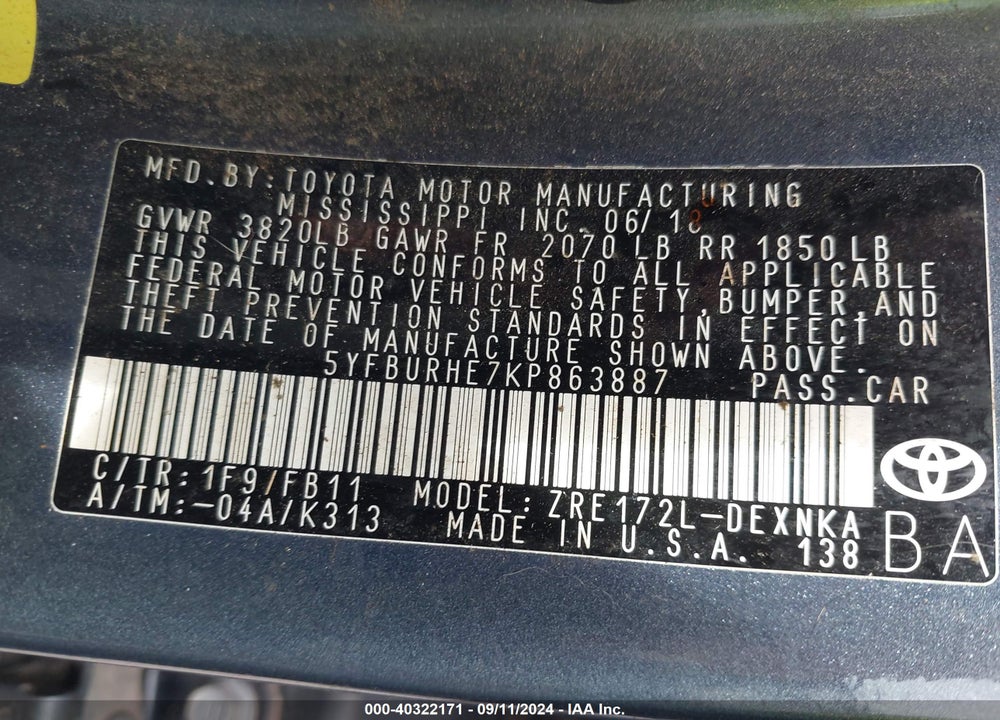 2019 TOYOTA COROLLA LE VIN: 5YFBURHE7KP863887