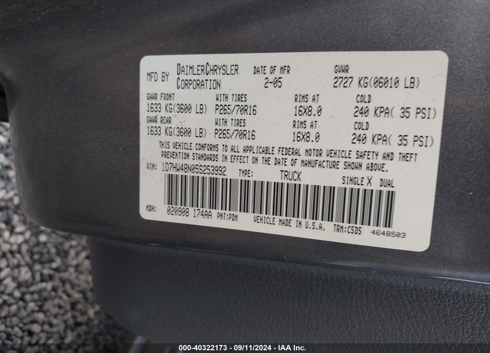 2005 DODGE DAKOTA SLT VIN: 1D7HW48N05S253992