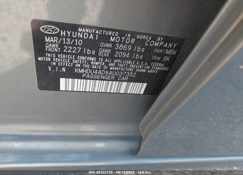 2010 HYUNDAI ELANTRA VIN: KMHDU4ADXAU037352