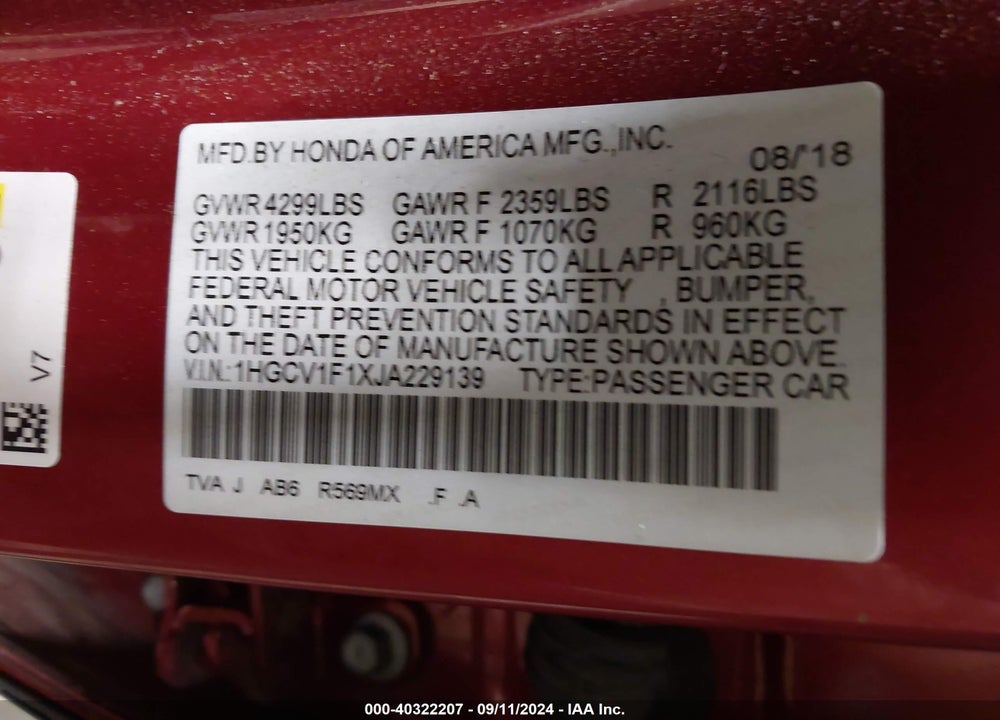 2018 HONDA ACCORD LX VIN: 1HGCV1F1XJA229139