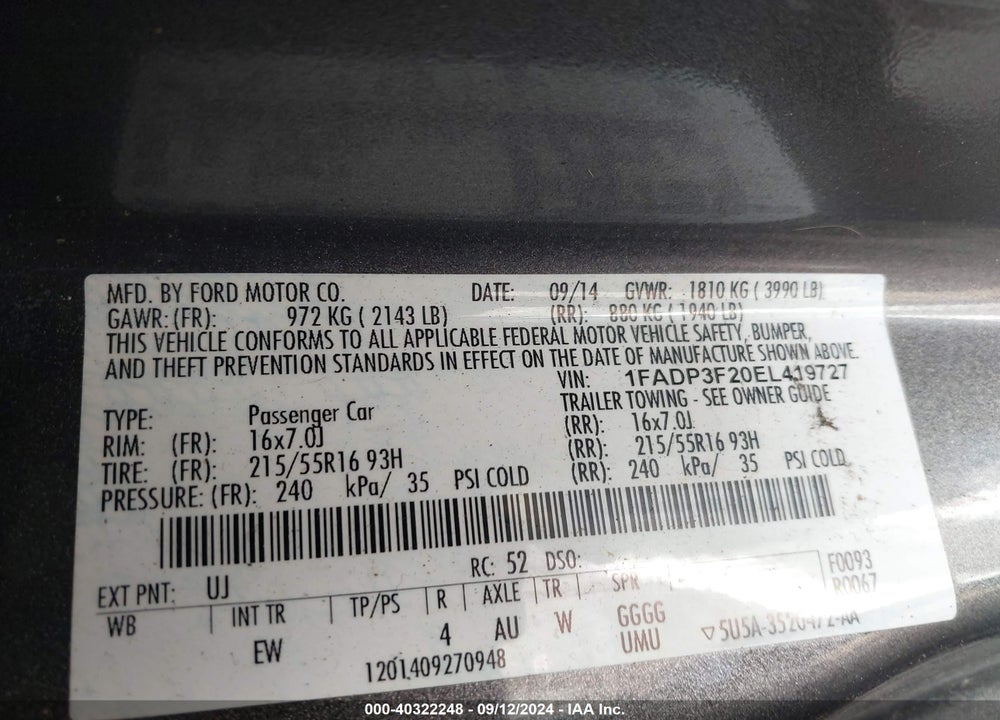2014 FORD FOCUS SE VIN: 1FADP3F20EL419727