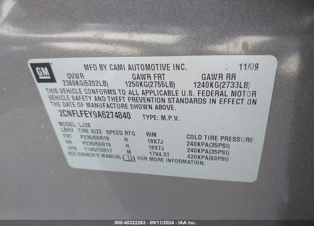 2010 CHEVROLET EQUINOX LTZ VIN: 2CNFLFEY9A6274840