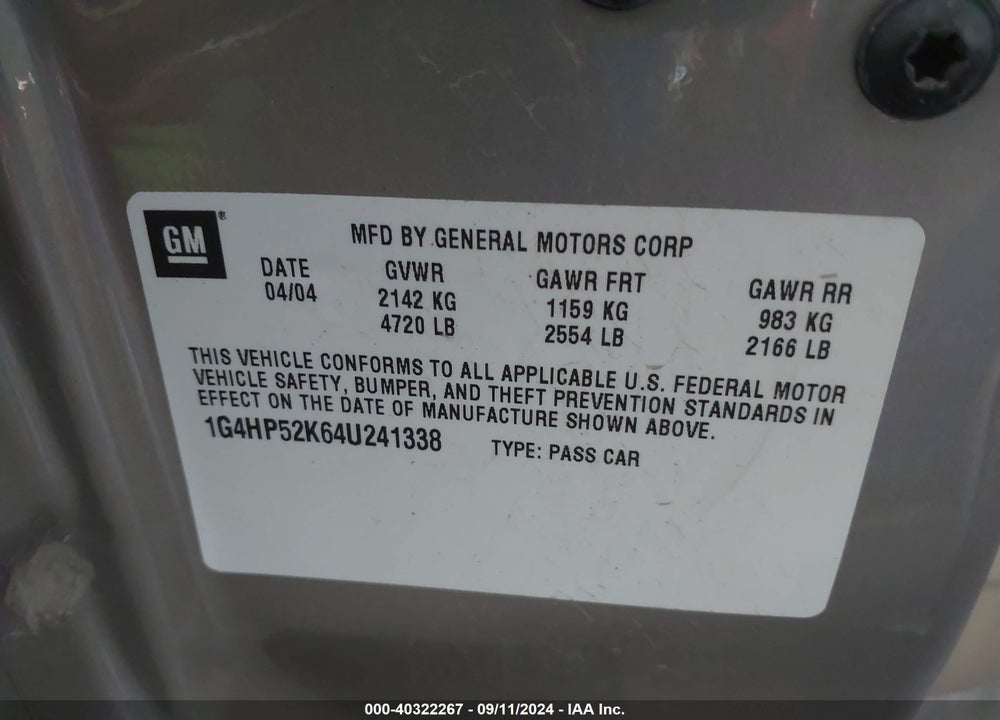 2004 BUICK LESABRE CUSTOM VIN: 1G4HP52K64U241338