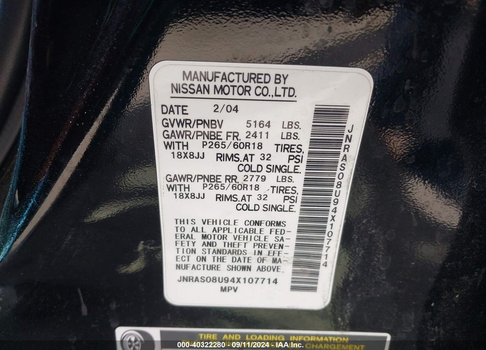 2004 INFINITI FX35 VIN: JNRAS08U94X107714