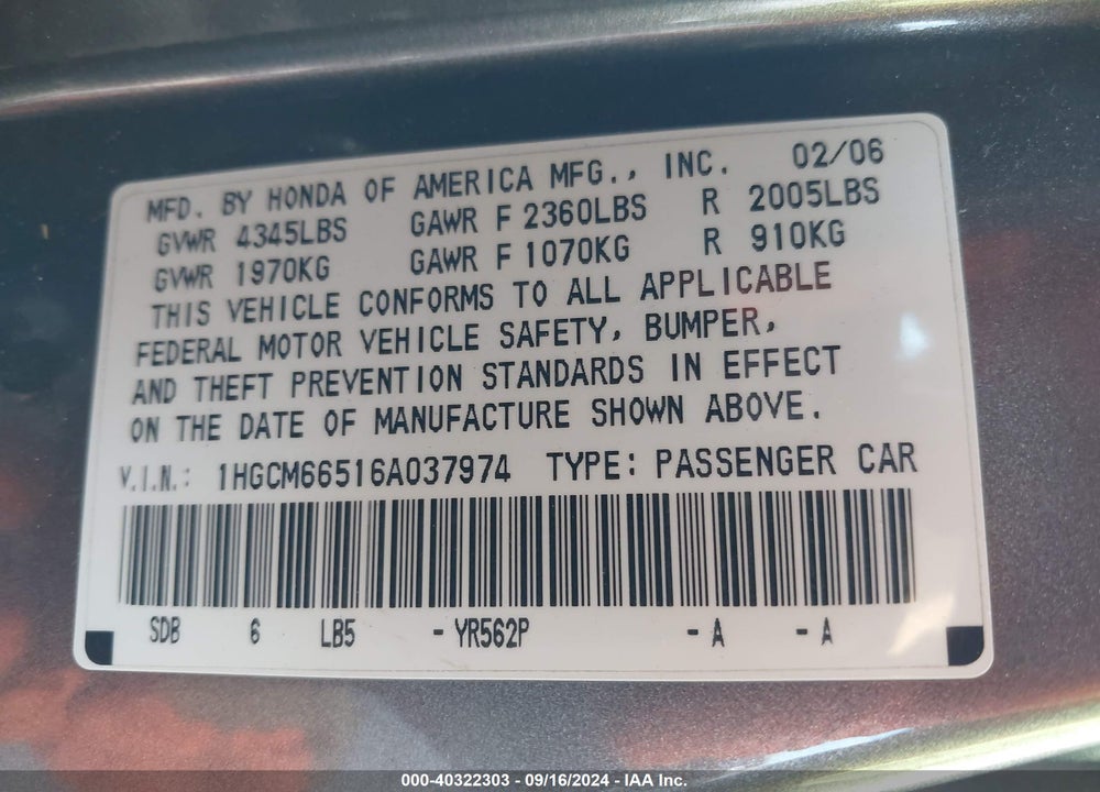 2006 HONDA ACCORD 3.0 EX VIN: 1HGCM66516A037974
