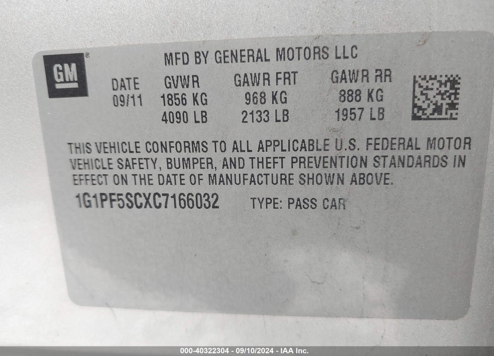 2012 CHEVROLET CRUZE 1LT VIN: 1G1PF5SCXC7166032