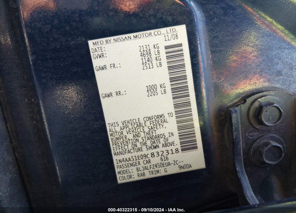 2009 NISSAN MAXIMA 3.5 SV VIN: 1N4AA51E09C832318