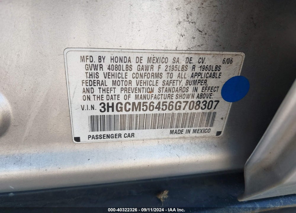 2006 HONDA ACCORD 2.4 LX VIN: 3HGCM56456G708307