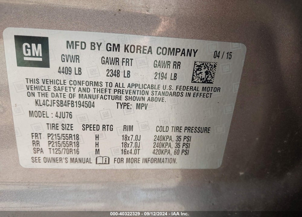 2015 BUICK ENCORE CONVENIENCE VIN: KL4CJFSB4FB194504