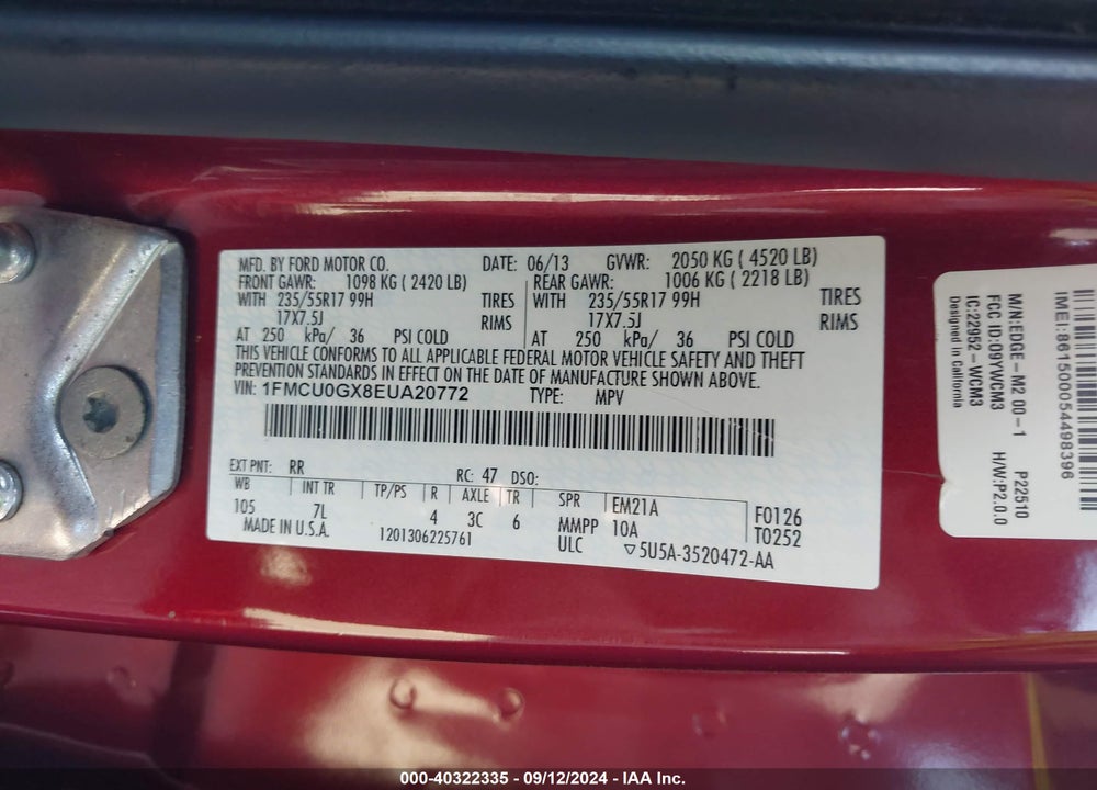 2014 FORD ESCAPE SE VIN: 1FMCU0GX8EUA20772