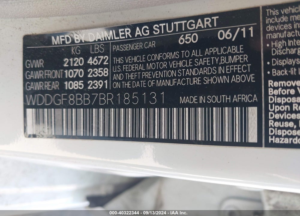 2011 MERCEDES-BENZ C 300 LUXURY 4MATIC/SPORT 4MATIC VIN: WDDGF8BB7BR185131