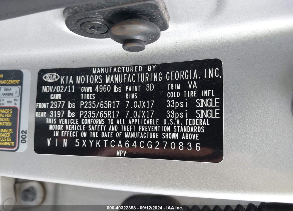2012 KIA SORENTO LX VIN: 5XYKTCA64CG270836