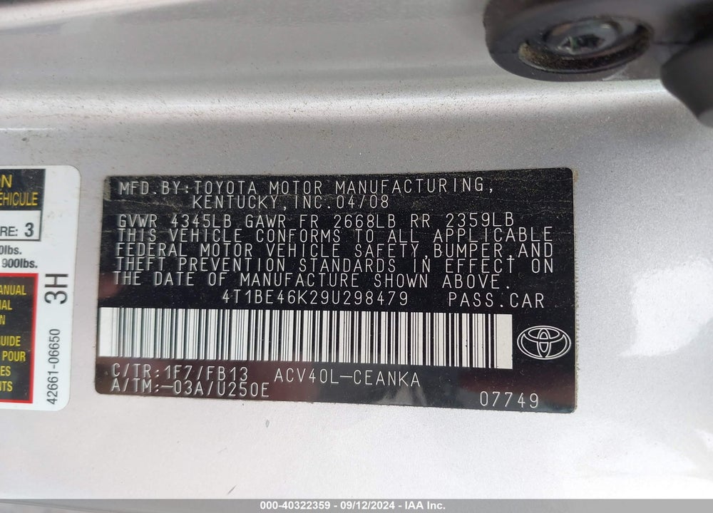 2009 TOYOTA CAMRY LE VIN: 4T1BE46K29U298479