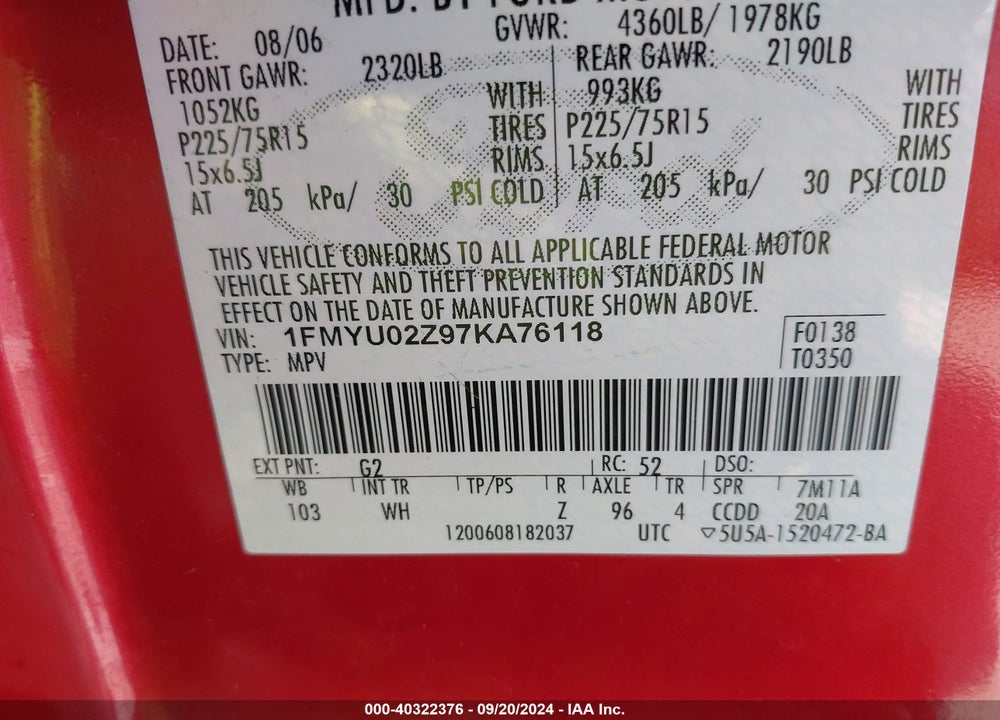 2007 FORD ESCAPE XLS/XLS MANUAL VIN: 1FMYU02Z97KA76118