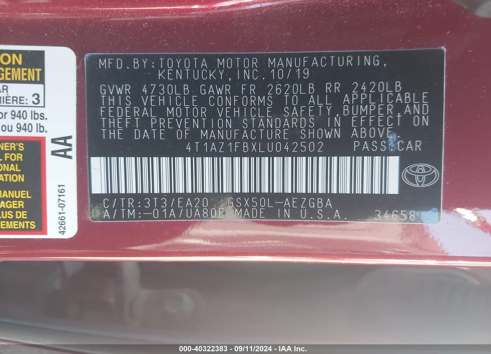 2020 TOYOTA AVALON XLE VIN: 4T1AZ1FBXLU042502