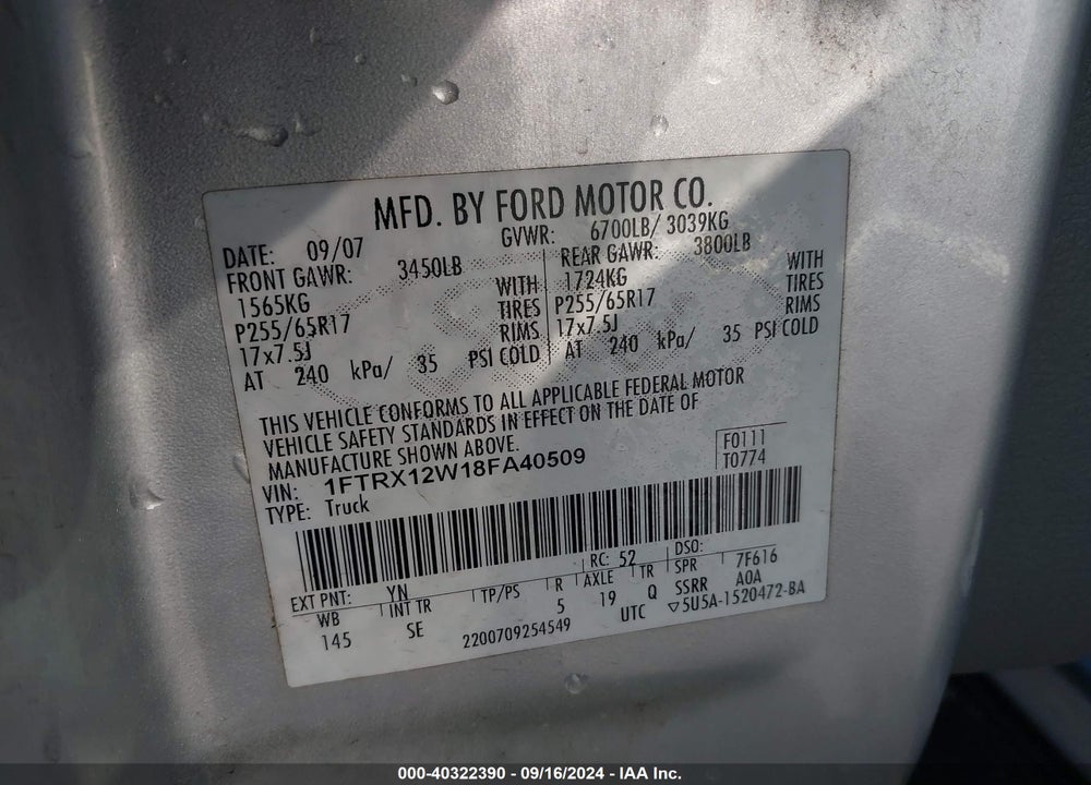 2008 FORD F-150 FX2/STX/XL/XLT VIN: 1FTRX12W18FA40509