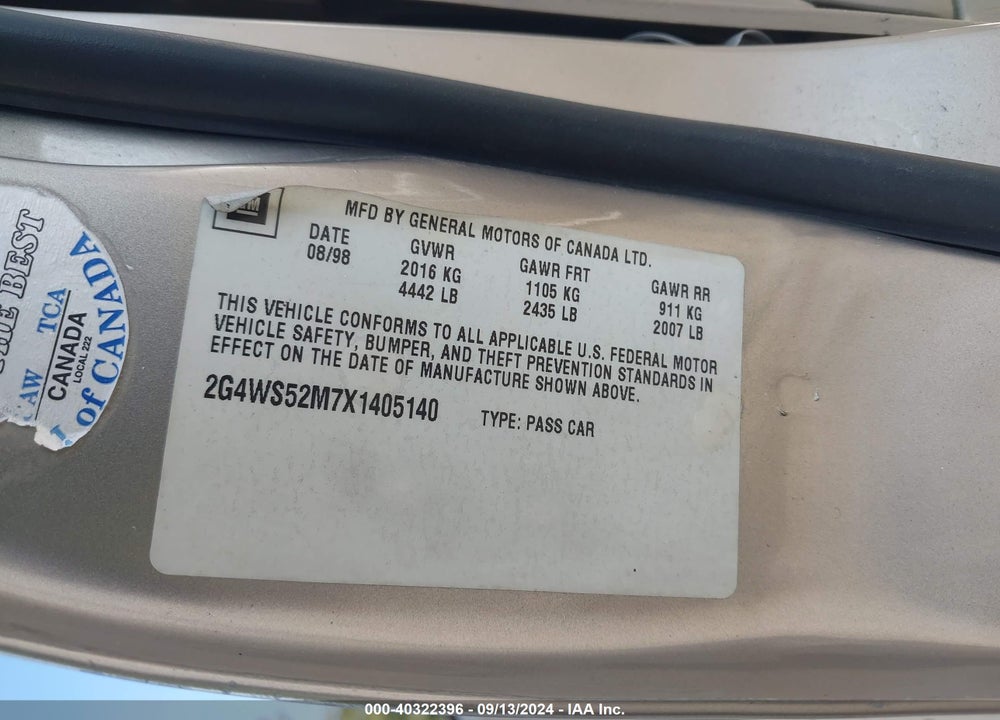 1999 BUICK CENTURY CUSTOM VIN: 2G4WS52M7X1405140