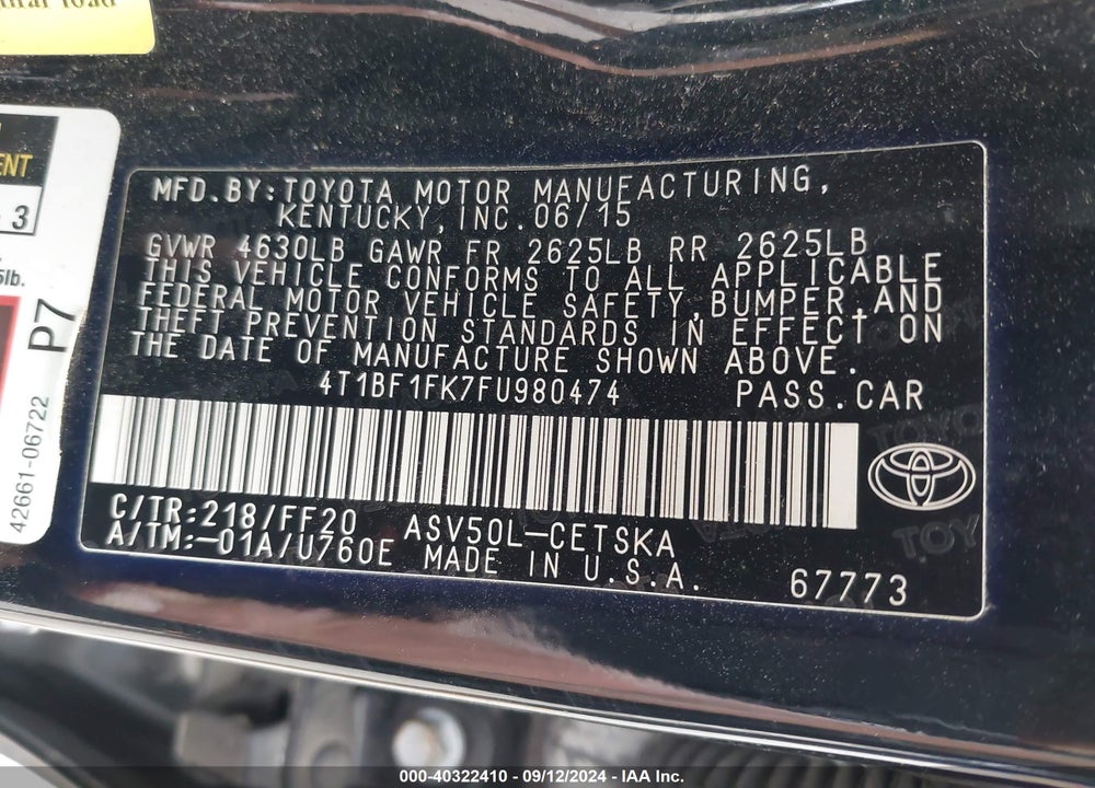 2015 TOYOTA CAMRY SE VIN: 4T1BF1FK7FU980474