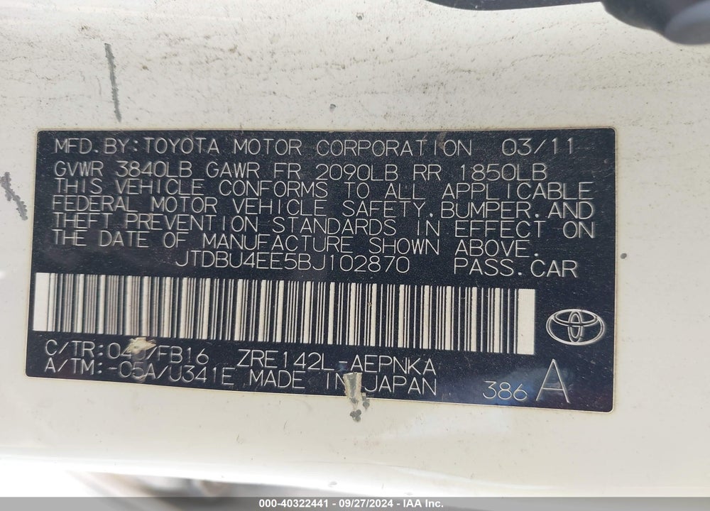 2011 TOYOTA COROLLA LE VIN: JTDBU4EE5BJ102870