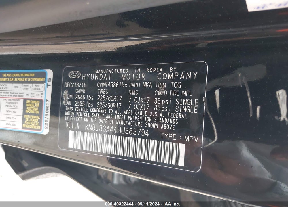 2017 HYUNDAI TUCSON SE VIN: KM8J33A44HU383794