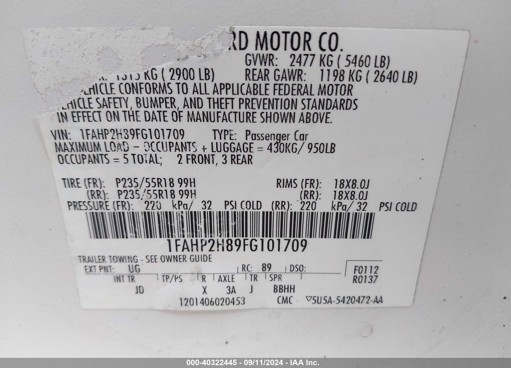 2015 FORD TAURUS SEL VIN: 1FAHP2H89FG101709