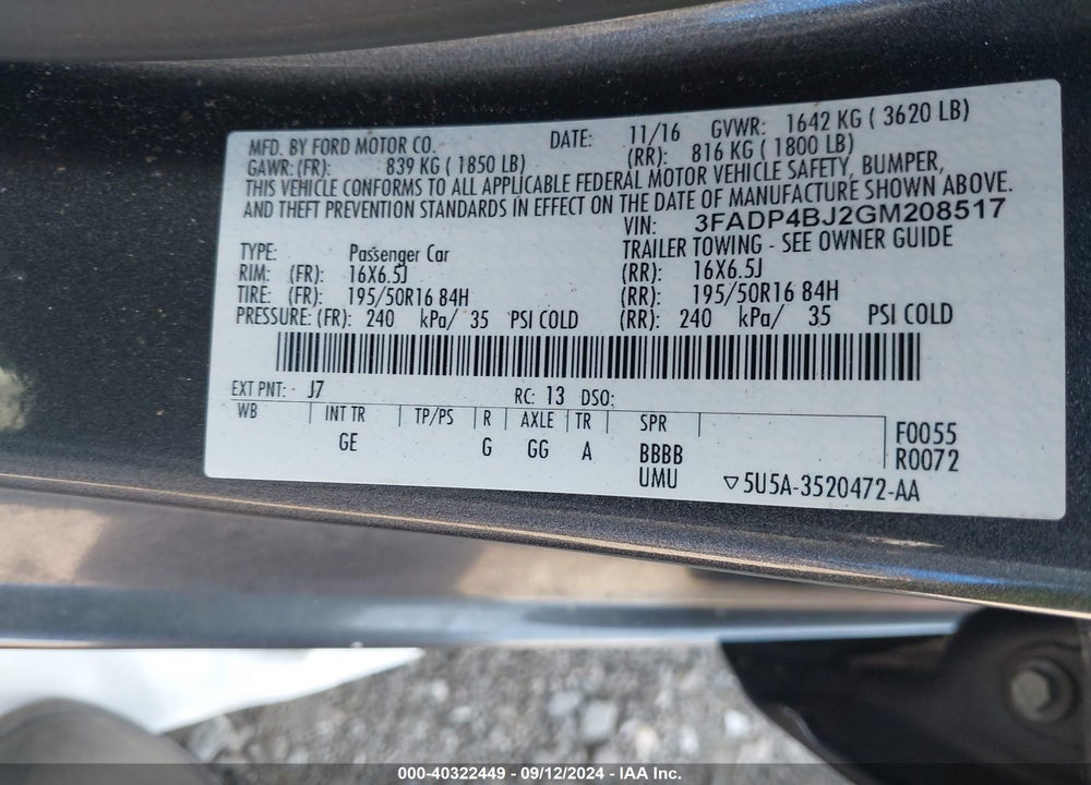 2016 FORD FIESTA SE VIN: 3FADP4BJ2GM208517