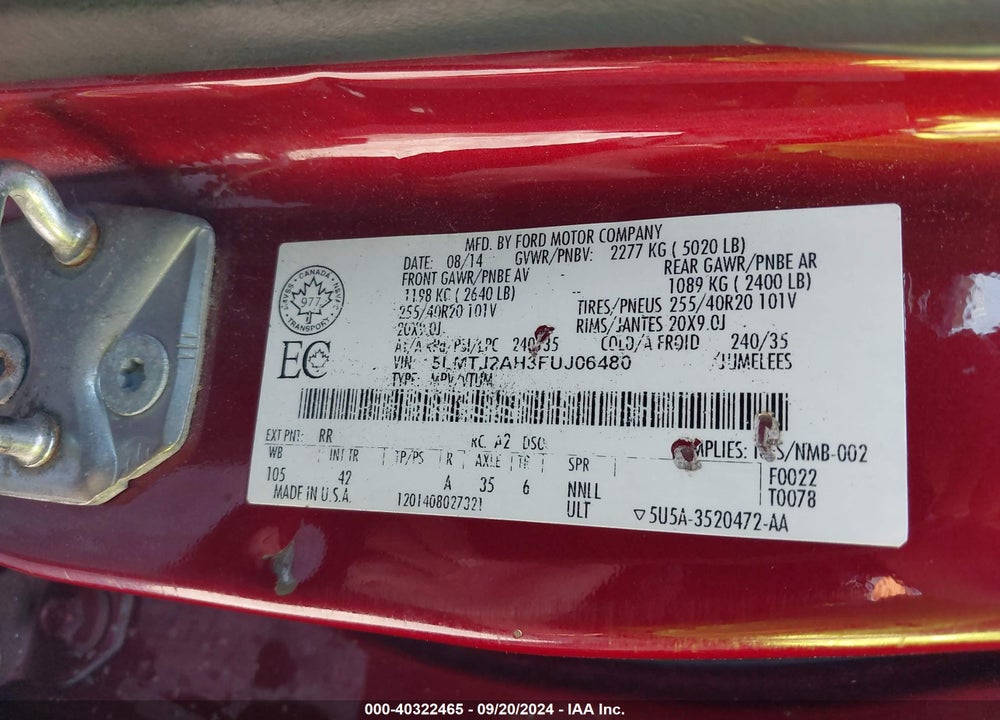 2015 LINCOLN MKC VIN: 5LMTJ2AH3FUJ06480