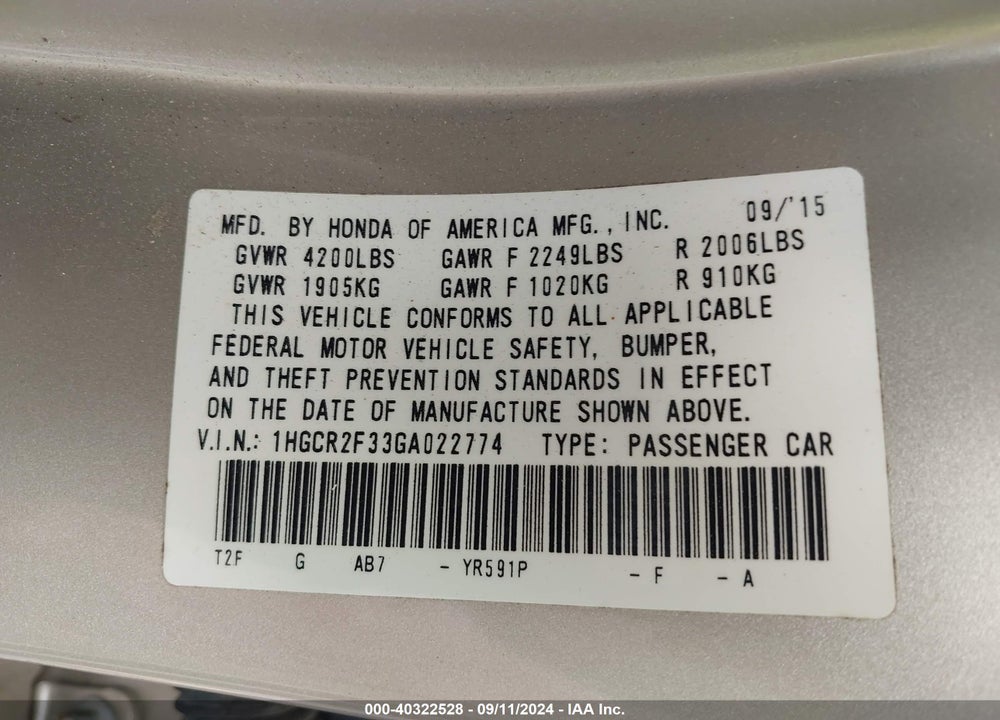 2016 HONDA ACCORD LX VIN: 1HGCR2F33GA022774