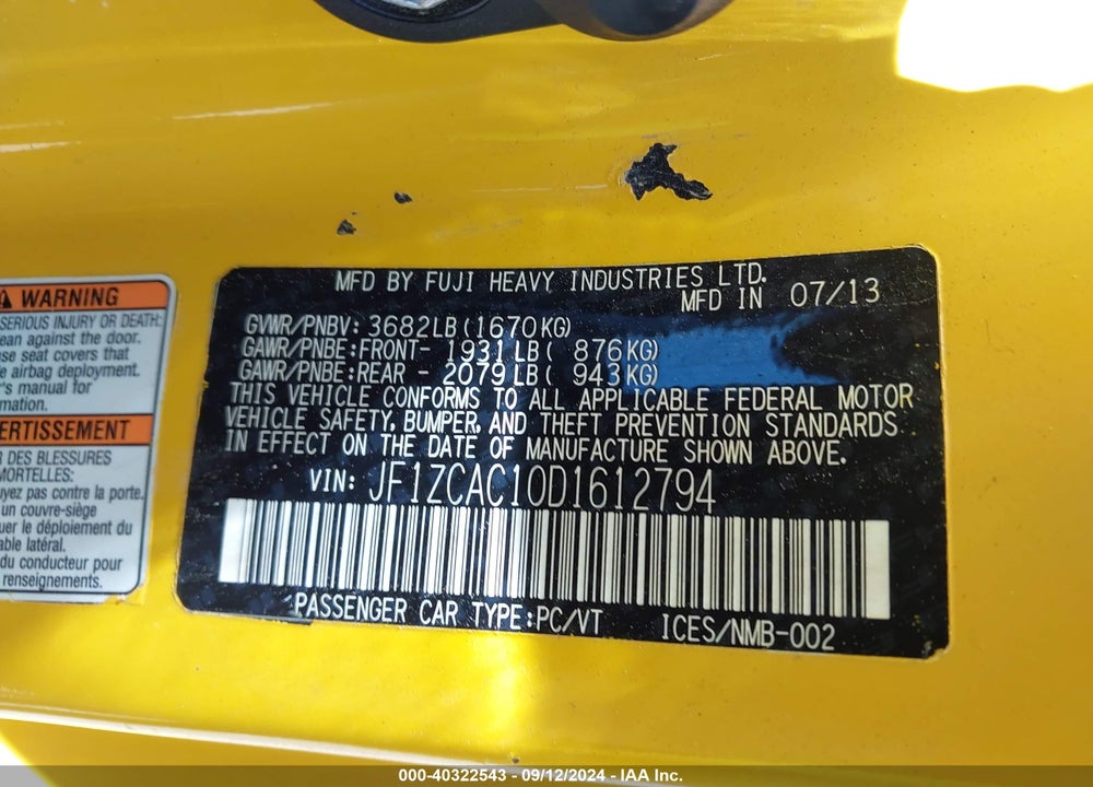 2013 SUBARU BRZ VIN: JF1ZCAC10D1612794