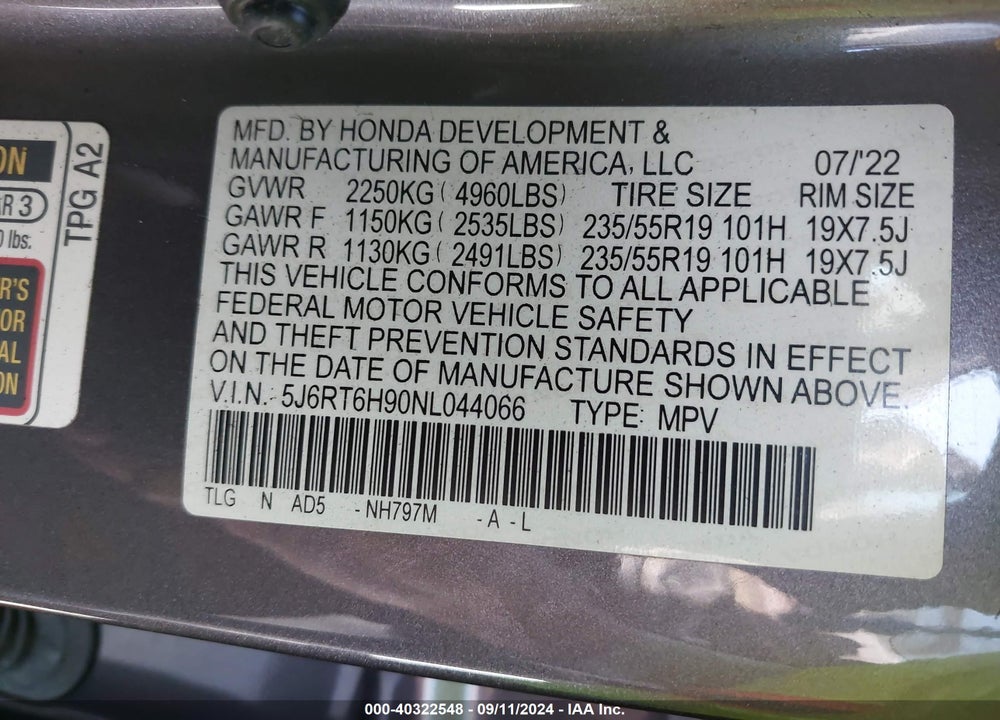 2022 HONDA CR-V HYBRID TOURING VIN: 5J6RT6H90NL044066