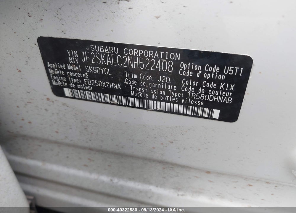 2022 SUBARU FORESTER PREMIUM VIN: JF2SKAEC2NH522408
