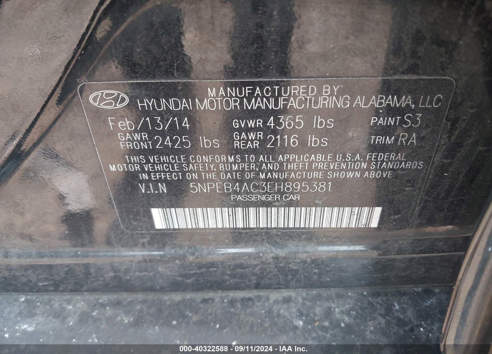 2014 HYUNDAI SONATA GLS VIN: 5NPEB4AC3EH895381