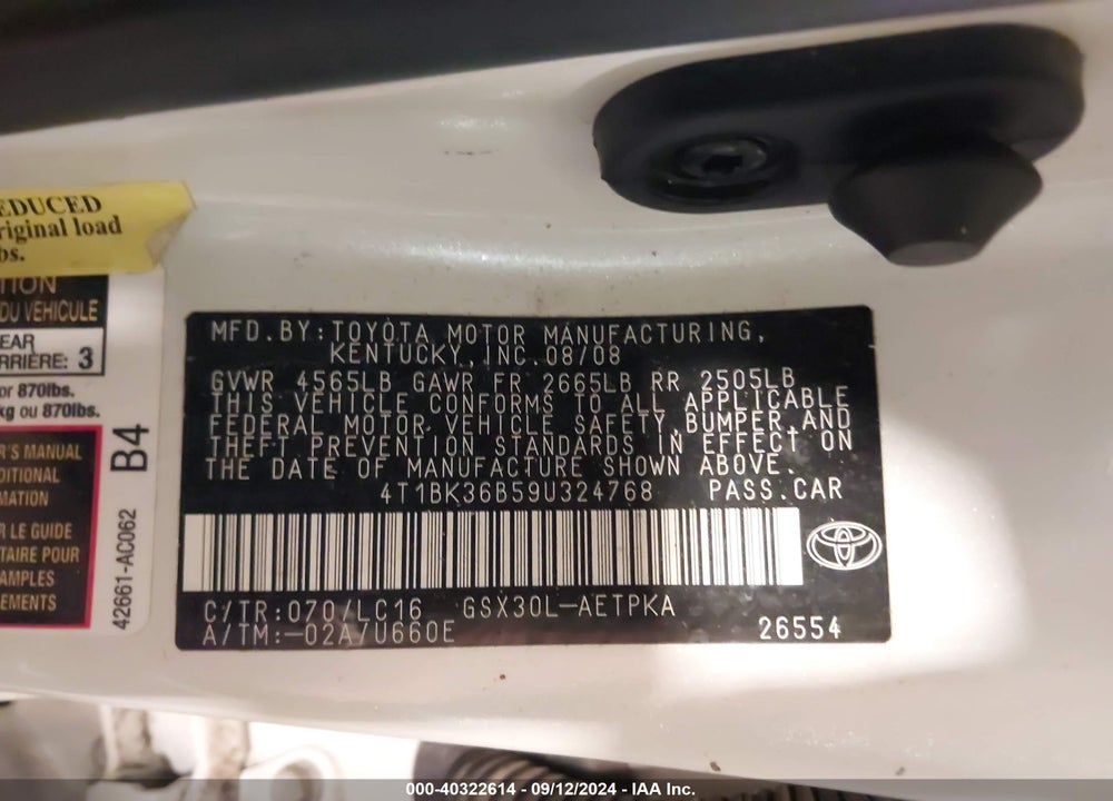 2009 TOYOTA AVALON LIMITED VIN: 4T1BK36B59U324768