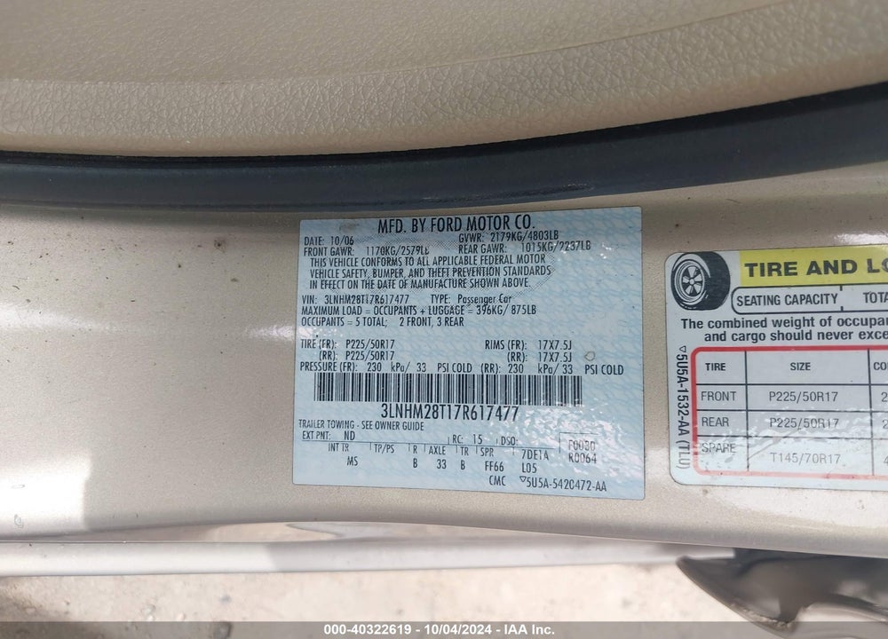 2007 LINCOLN MKZ VIN: 3LNHM28T17R617477