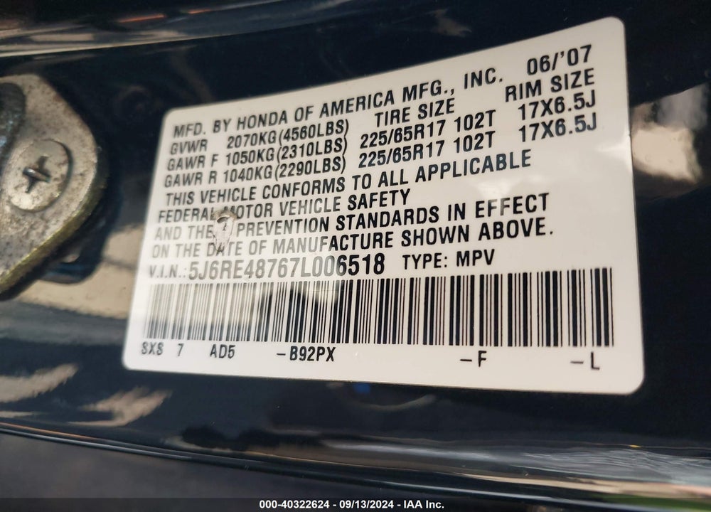 2007 HONDA CR-V EX-L VIN: 5J6RE48767L006518