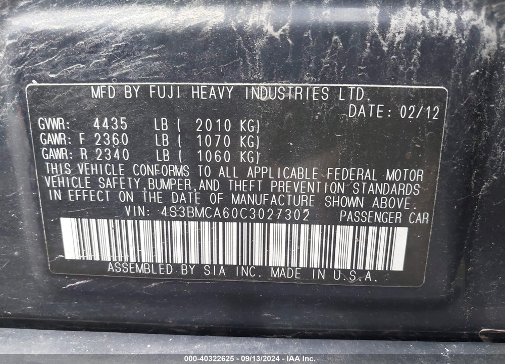 2012 SUBARU LEGACY 2.5I VIN: 4S3BMCA60C3027302