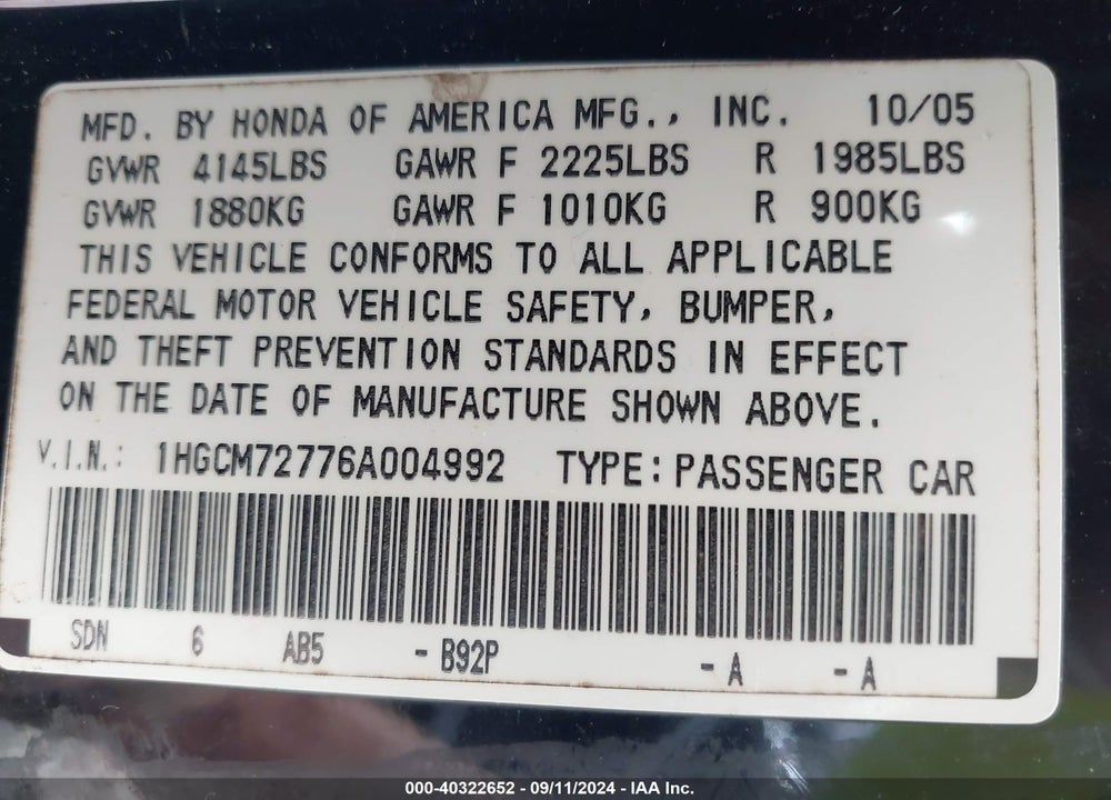 2006 HONDA ACCORD 2.4 EX VIN: 1HGCM72776A004992