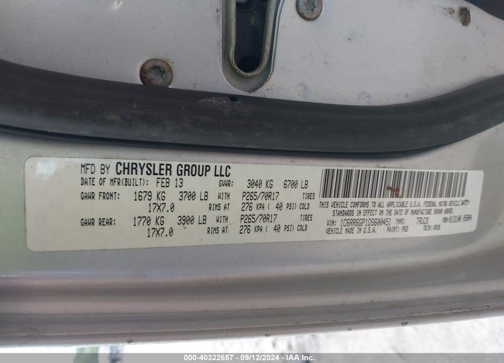 2013 RAM 1500 SLT VIN: 1C6RR6GP1DS600451