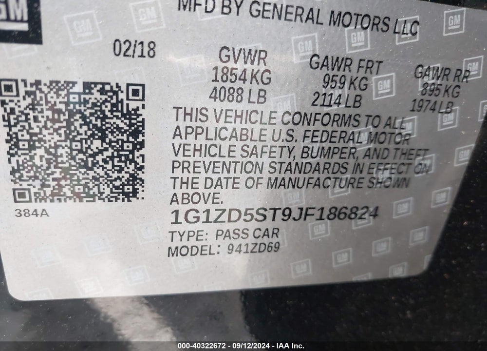 2018 CHEVROLET MALIBU LT VIN: 1G1ZD5ST9JF186824