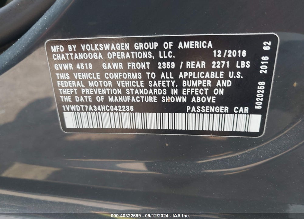 2017 VOLKSWAGEN PASSAT 1.8T R-LINE VIN: 1VWDT7A34HC042236