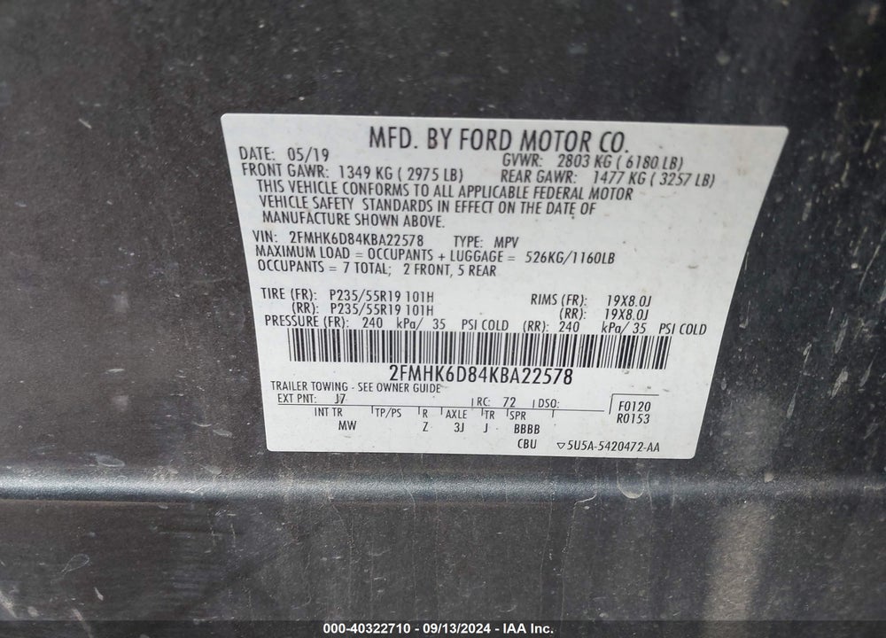 2019 FORD FLEX LIMITED VIN: 2FMHK6D84KBA22578
