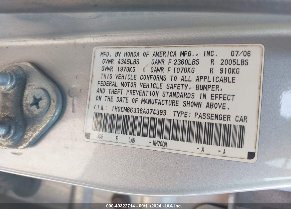 2006 HONDA ACCORD 3.0 LX VIN: 1HGCM66336A074393