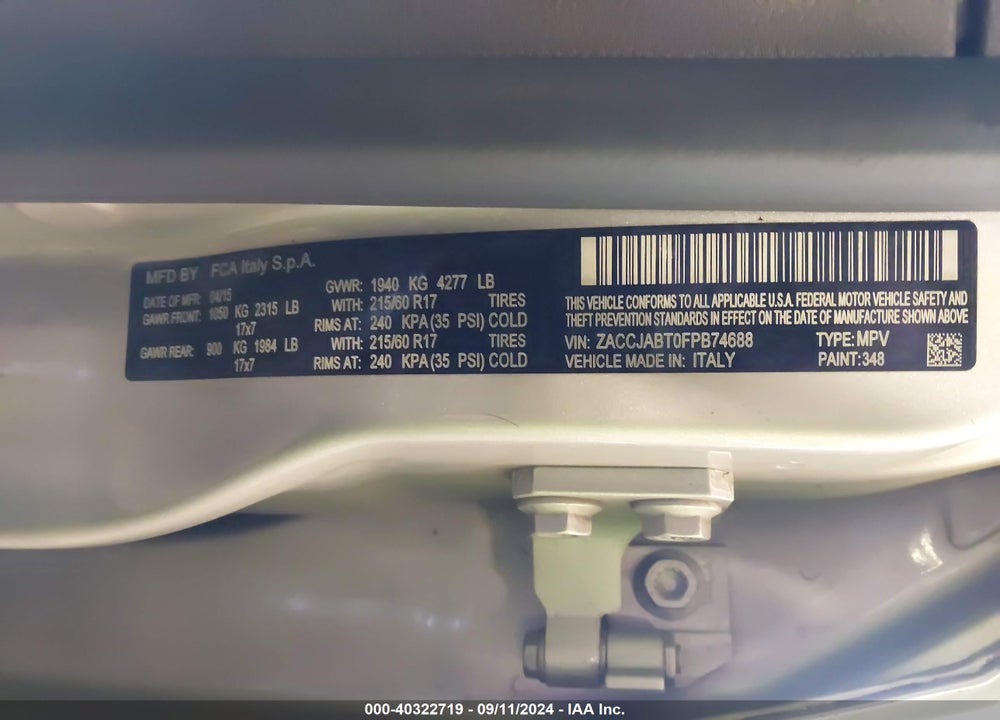 2015 JEEP RENEGADE LATITUDE VIN: ZACCJABT0FPB74688