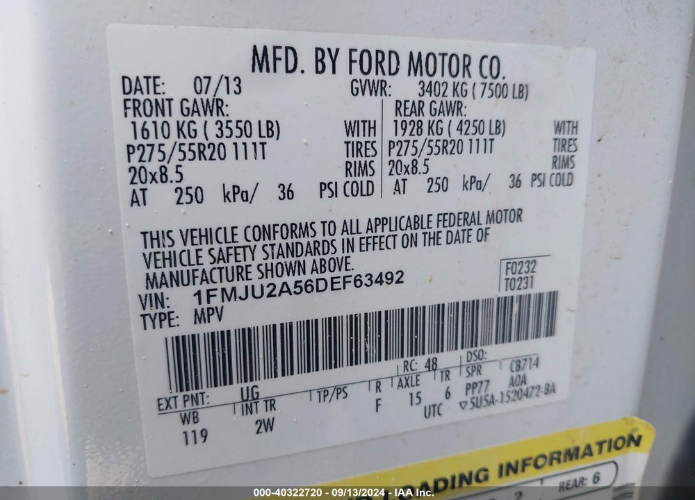 2013 FORD EXPEDITION LIMITED VIN: 1FMJU2A56DEF63492