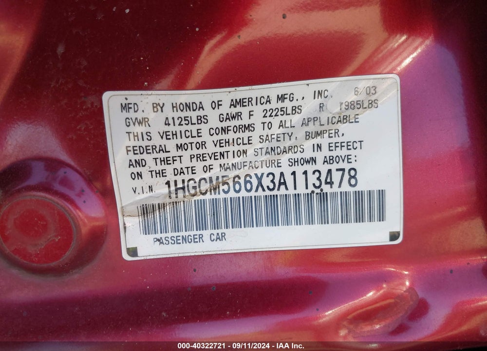 2003 HONDA ACCORD 2.4 EX VIN: 1HGCM566X3A113478