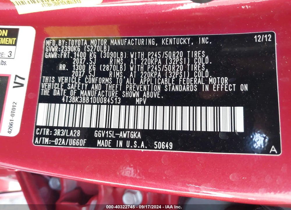 2013 TOYOTA VENZA XLE V6 VIN: 4T3BK3BB1DU084513