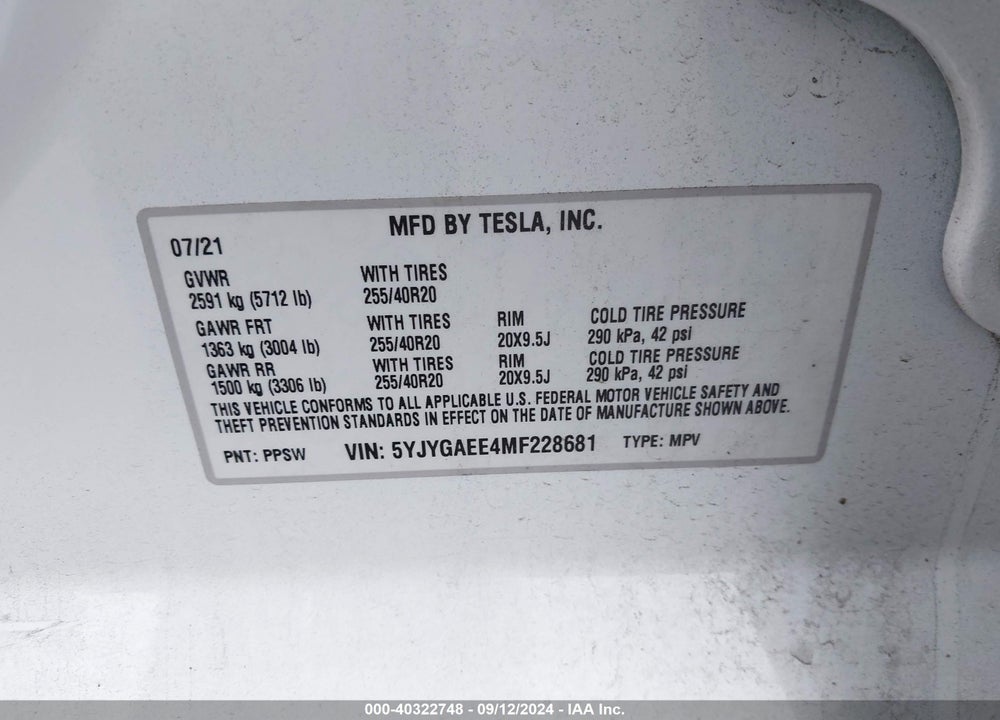 2021 TESLA MODEL Y LONG RANGE DUAL MOTOR ALL-WHEEL DRIVE VIN: 5YJYGAEE4MF228681
