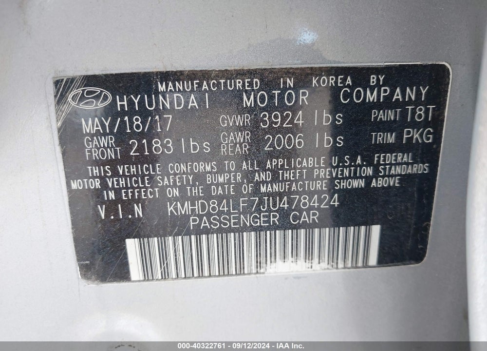 2018 HYUNDAI ELANTRA VALUE EDITION VIN: KMHD84LF7JU478424