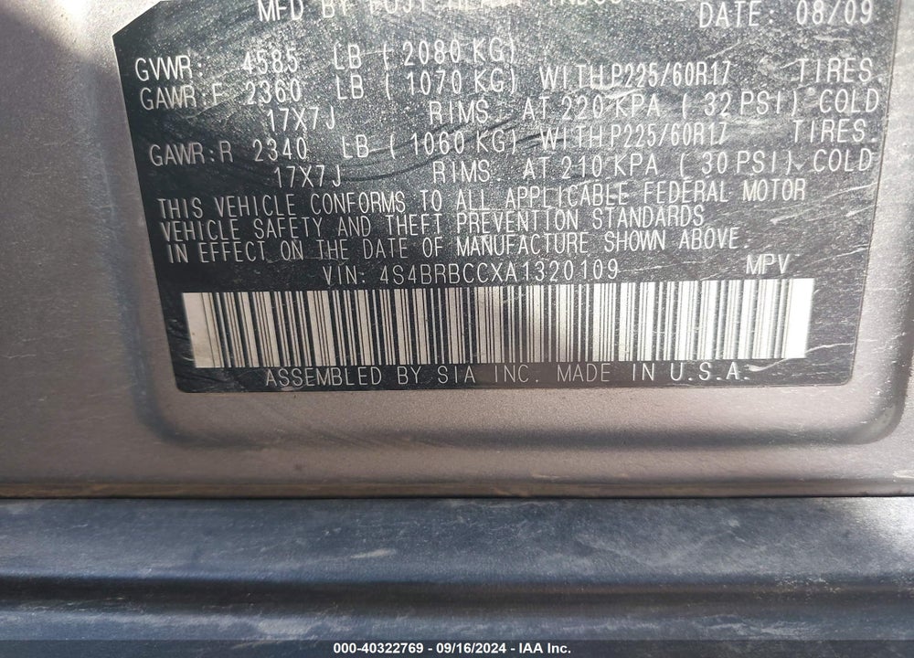 2010 SUBARU OUTBACK VIN: 4S4BRBCCXA1320109