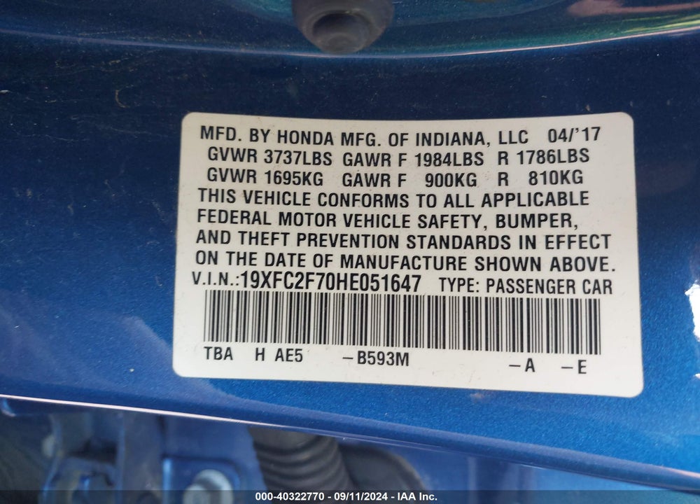 2017 HONDA CIVIC EX VIN: 19XFC2F70HE051647